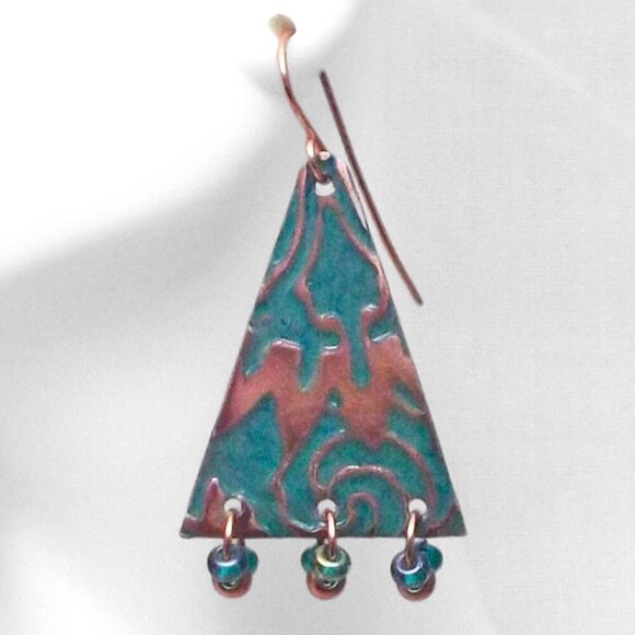 Teal Enameled Copper Triangle Chandelier Earrings - Picture 3 of 4
